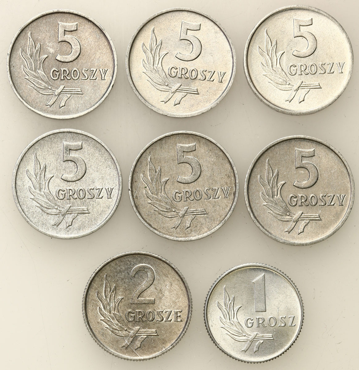 PRL. 1, 2, 5 groszy 1949 - 1972, zestaw 8 monet